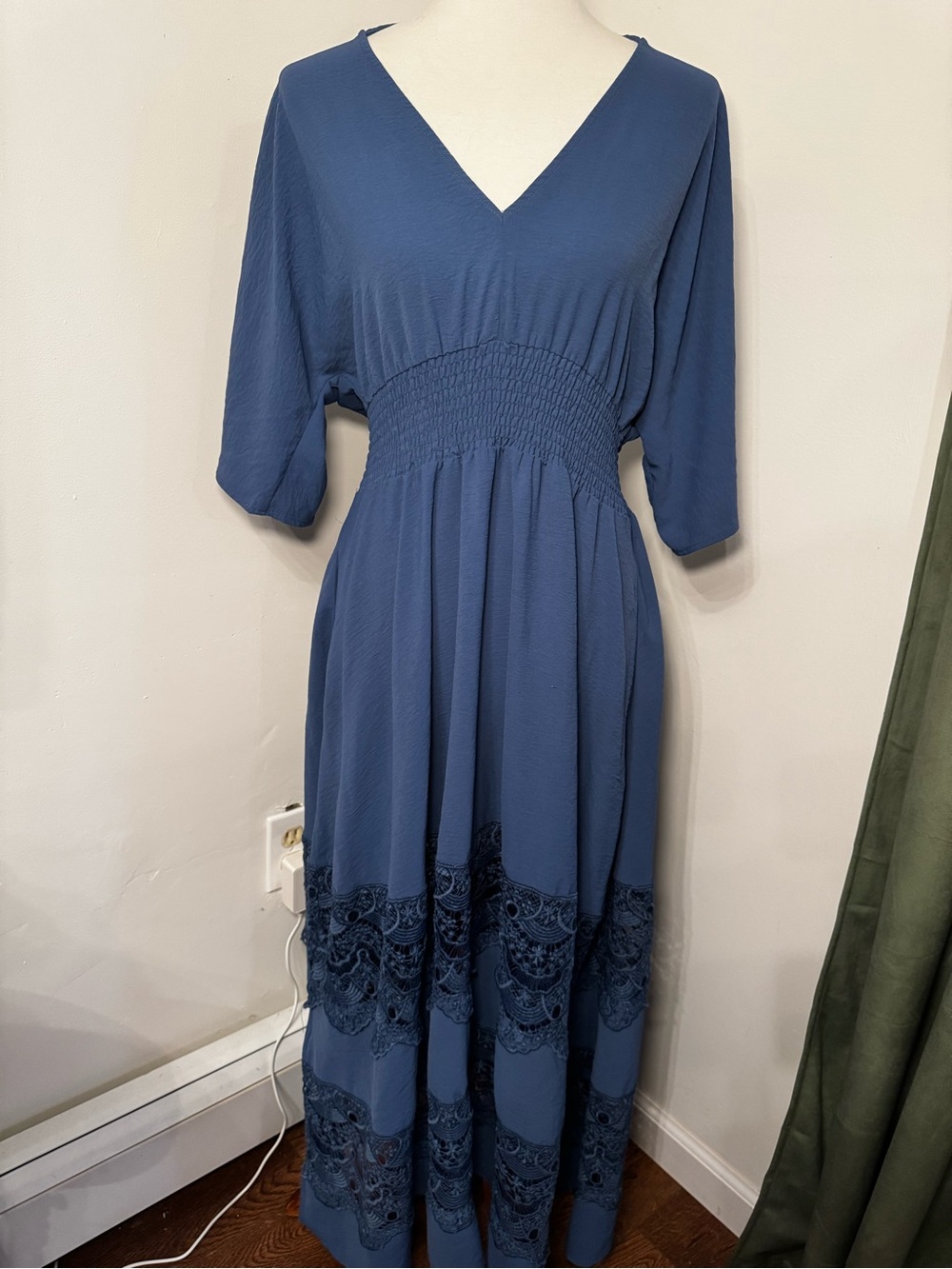 V-Neck Blue Maxi Dress with Smocked Waist
